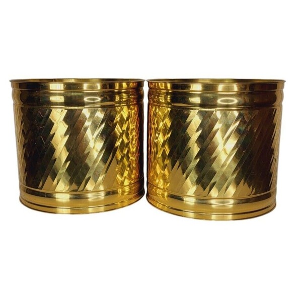 VTG Polished Brass Hollywood Regency Gold Set of Two Large Round Barrel Planters - Picture 10 of 15